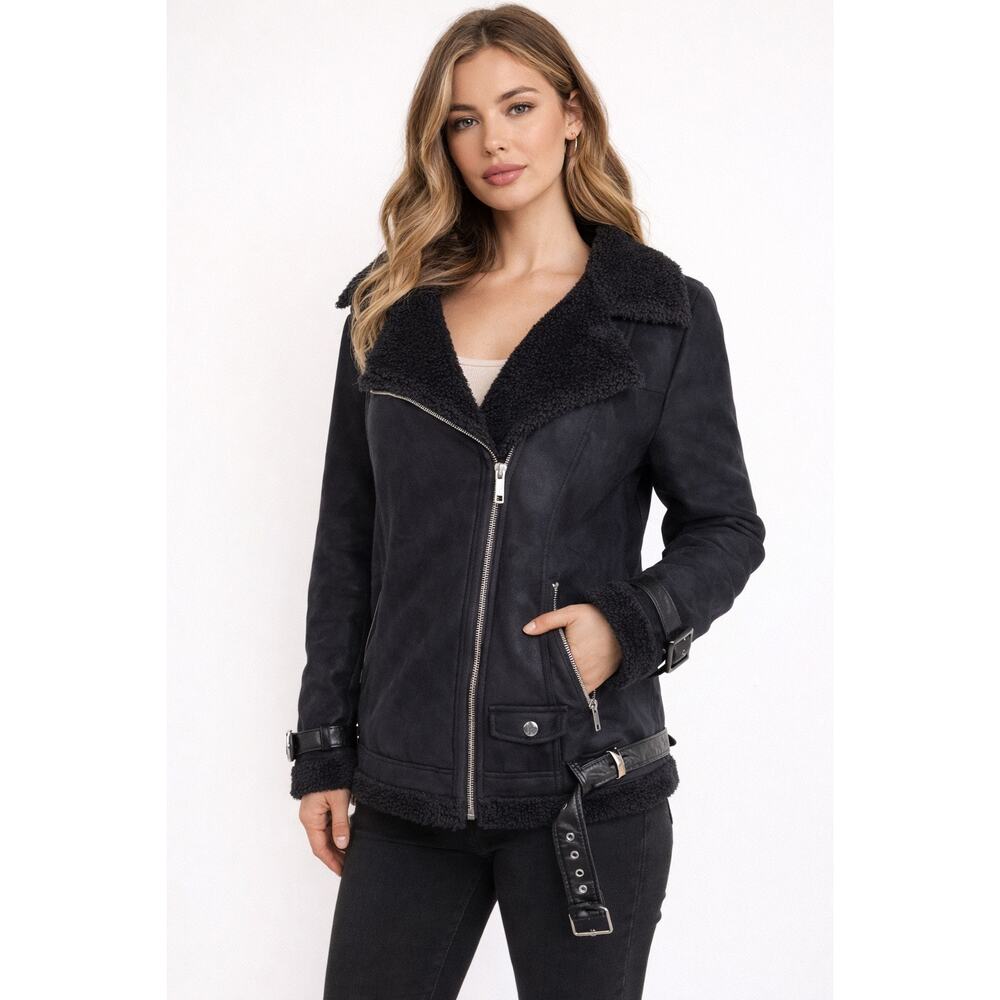Max Edition Women's Faux Shearling Moto Oversized Biker coat in black. Size L